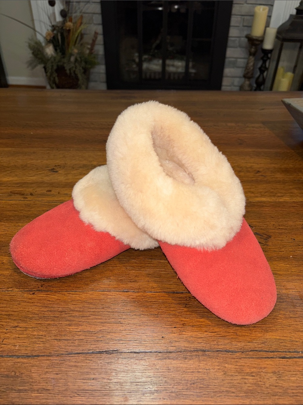 Vermont Country Store Plush Red Suede Shearling-Lined Women’s Slippers